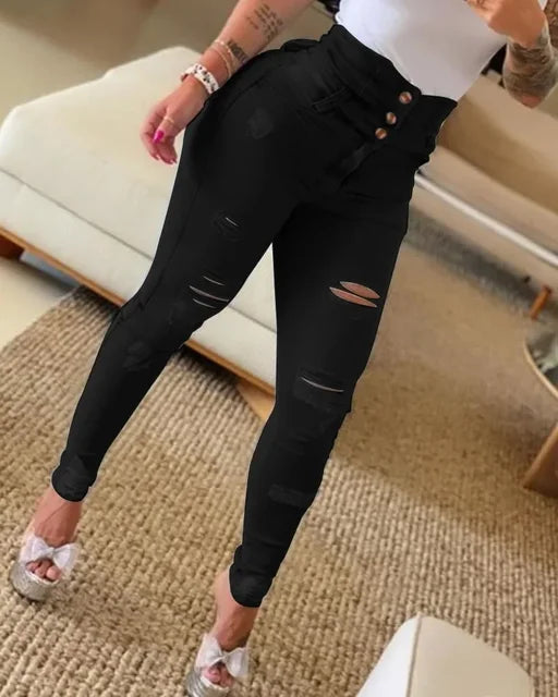 Jean déchiré taille haute noir avec boutons à l'avant et déchirures modernes pour un look tendance