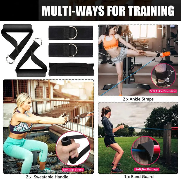 Kit bandes résistance entraînement avec poignées, sangles de cheville et protection douce pour divers exercices