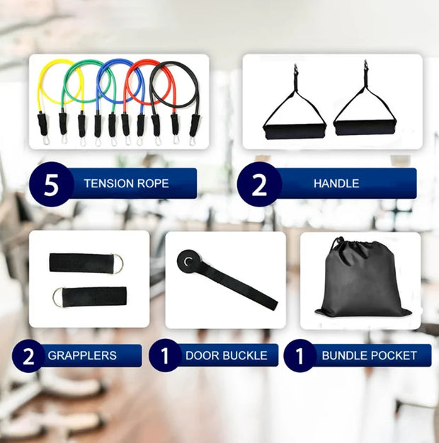 Kit bandes résistance entraînement avec 5 cordes de tension, 2 poignées et accessoires pratiques
