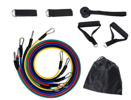 Kit bandes résistance entraînement avec plusieurs élastiques colorés et accessoires de fixation