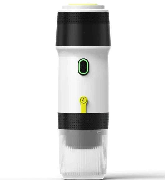Machine à café portable Beautysky en blanc et noir avec bouton d'alimentation et design compact