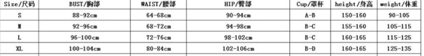 Size chart for maillot de bain plongeant, showcasing bust, waist, and hip measurements in centimeters for sizes S, M, L, and XL.