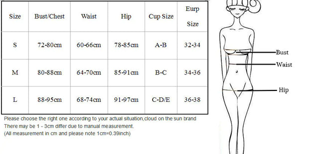Size chart for maillot de bain string rayé, displaying bust, waist, hip measurements, cup size, and European size guide.