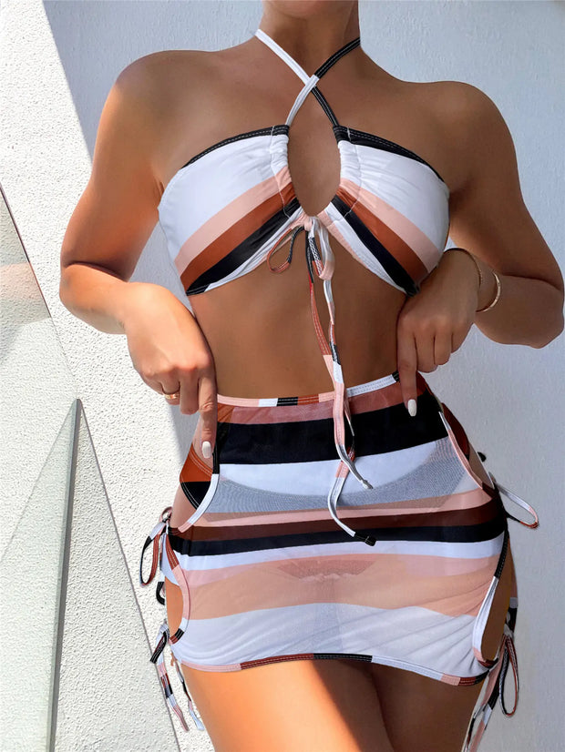 Striped bikini swimsuit Beautysky, chic summer beachwear.
