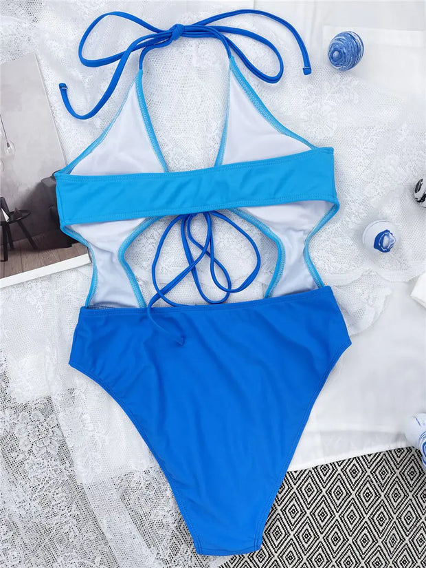 Blue skinny one-piece swimsuit by Beautysky, featuring an elegant and comfortable fit, ideal for beach and poolside style.