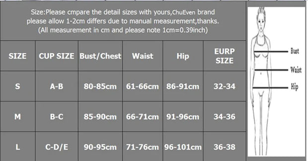 Guide des tailles pour un maillot une pièce élégant de Beautysky, indiquant les mensurations S, M et L