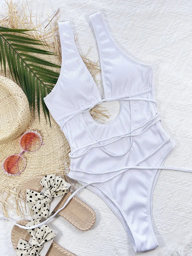 Sexy one-piece swimsuit by Beautysky with strap details, showcasing elegant beachwear style.