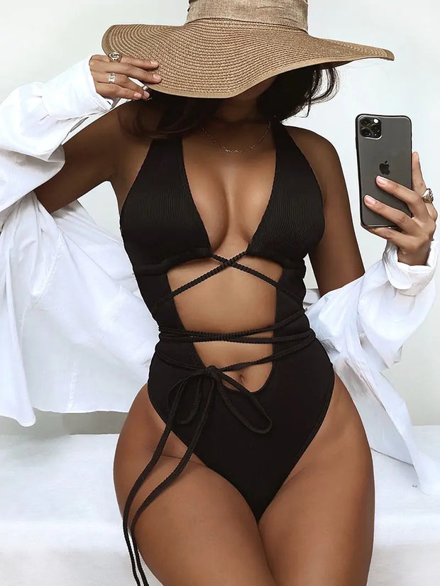 Elegant black one-piece swimsuit with strap details by Beautysky.