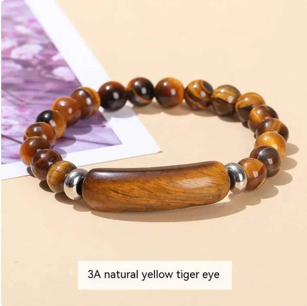 Beautysky 3A Natural Yellow Tiger Eye Bracelet with Wooden Centerpiece and Beaded Design