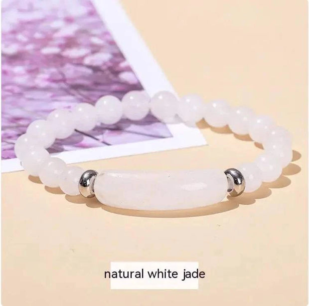 Beautysky Natural White Jade Bracelet with Smooth Beads and Silver Accents for Elegant Style