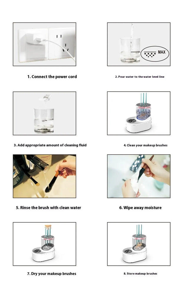Instructions pour utiliser le nettoyeur pinceaux maquillage électrique Beautysky avec étapes détaillées