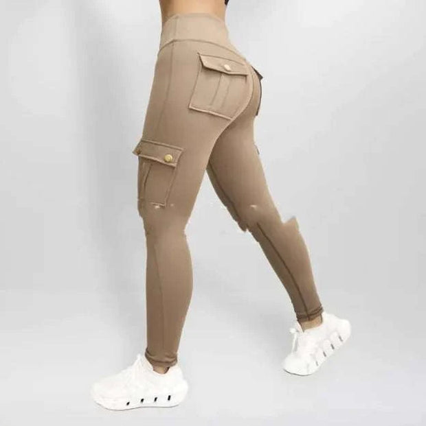Pantalons de yoga femme beige avec poches latérales et coupe ajustée pour un confort optimal