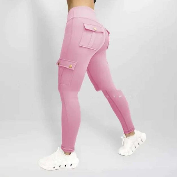 Pantalons de yoga femme en rose avec poches latérales et tissu stretch pour un confort optimal
