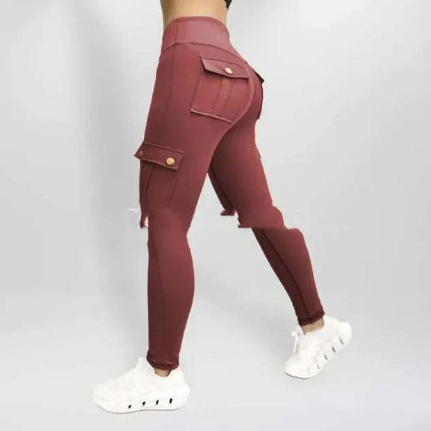 Pantalons de yoga femme en bordeaux avec poches et coupe ajustée pour un confort optimal