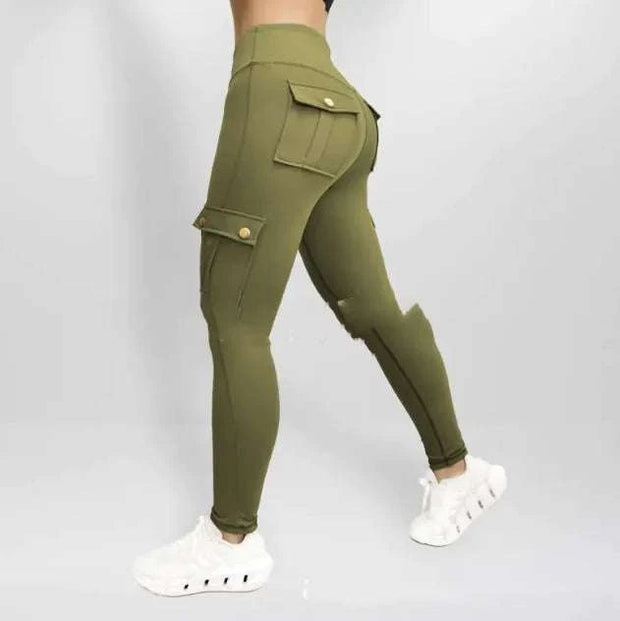 Pantalons de yoga femme en vert olive avec poches et coupe ajustée pour un confort maximal