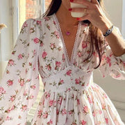 Robe courte imprimé floral femme Beautysky avec manches longues et décolleté en V élégant