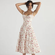 Robe élégante femme Beautysky blanche à fleurs roses avec bretelles fines et jupe midi fluide