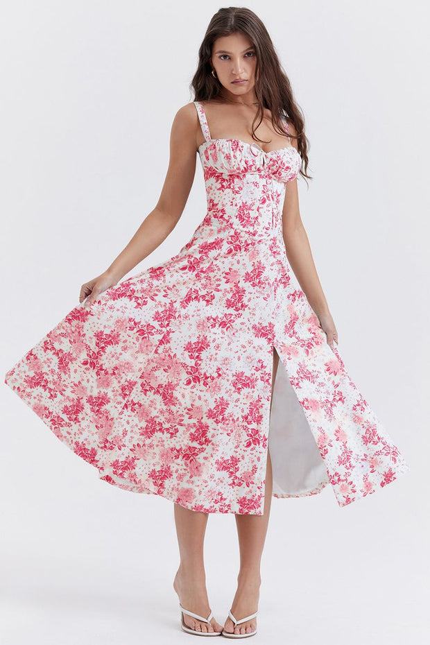 Robe élégante femme Beautysky longue blanche à fleurs roses avec bretelles et fente sur le côté