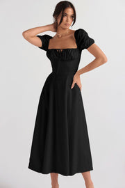 Robe élégante femme noire à manches bouffantes et col carré signée Beautysky
