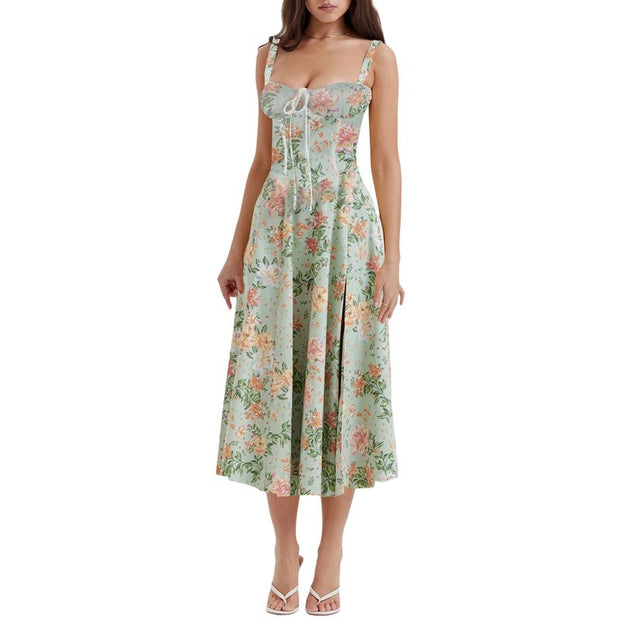 Robe élégante femme Beautysky longue à bretelles avec motif floral pastel