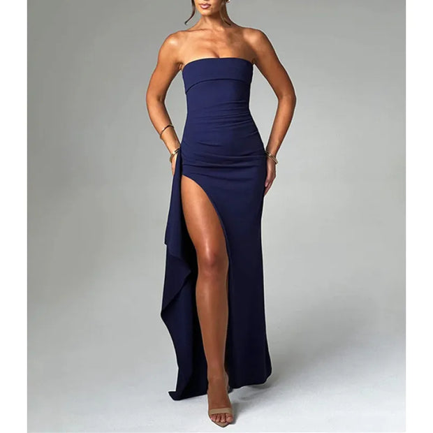 Robe fendue élégante Beautysky sans manches en bleu marine, parfaite pour une soirée chic