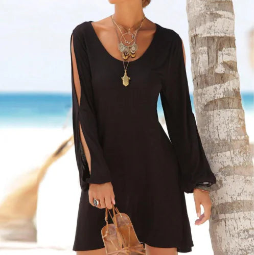 Robe manches découpées femme en noir avec décolleté en V et manches longues légères