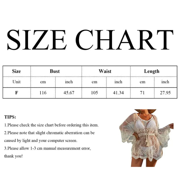 Size chart for Beautysky's elegant lace beach cover-up dress, showcasing dimensions in cm and inches. Ideal for summer wear.