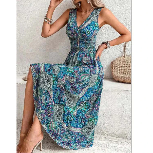 Robe tendance femme à manches sans, motif imprimé coloré, idéale pour les occasions estivales