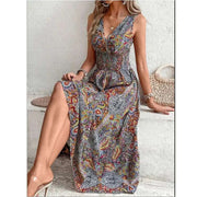 Robe tendance femme à motifs colorés, évasée avec décolleté en V pour un look chic et élégant