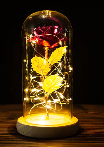 Roses sous cloche verre avec éclairage LED, décorative pour une ambiance romantique