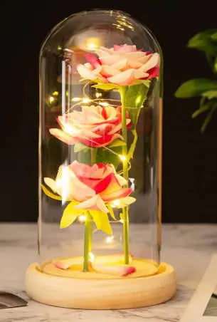 Roses sous cloche verre de Beautysky avec éclairage LED et socle en bois pour décoration intérieure