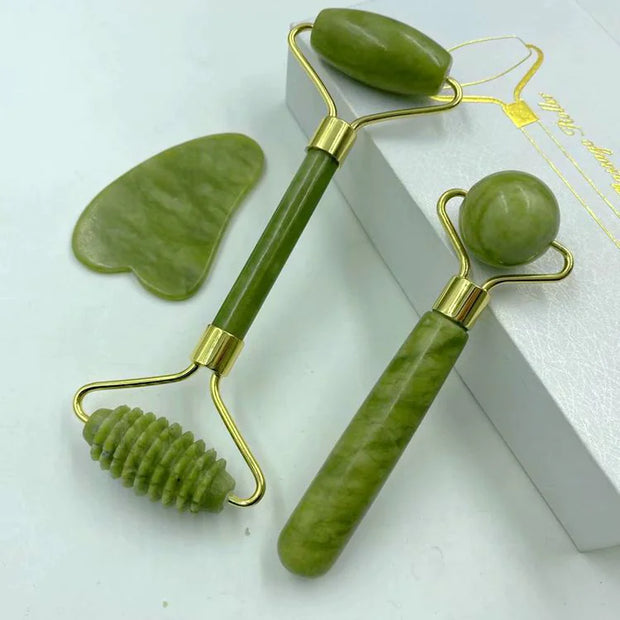 Rouleau facial jade Beautysky avec outils en jade pour soins de la peau et massage relaxant