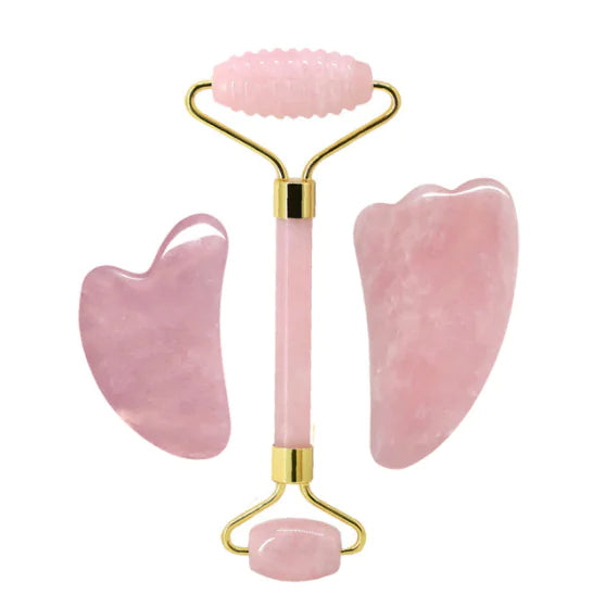 Ensemble de soin Beautysky avec rouleau facial jade et outils en jade rose pour le massage du visage