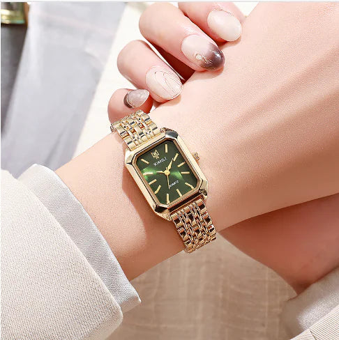 Montre femme carrée en acier avec cadran vert et bracelet en alliage