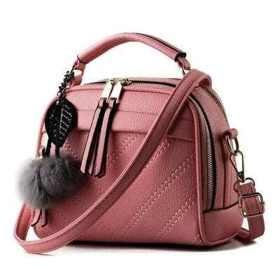 Sac à main cuir tendance Beautysky rose avec pompon et bandoulière ajustable
