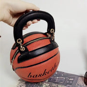 Basketball-shaped handbag with leather handle and gold details, designed by Beautysky.