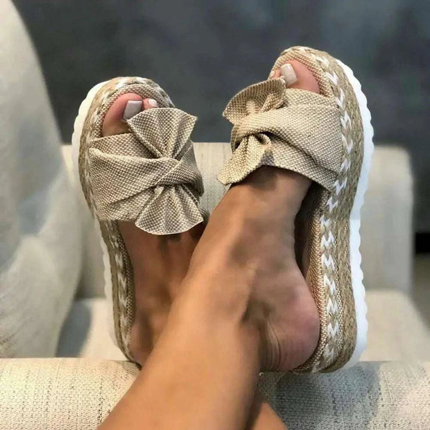 Sandales à plateforme femme avec nœud élégant en toile beige pour un style décontracté