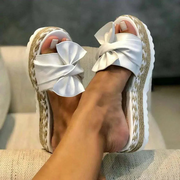 Sandales à plateforme femme Beautysky blanches avec un nœud élégant et semelle en jute