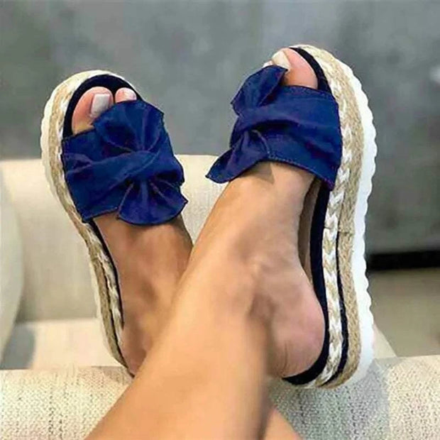 Sandales à plateforme femme Beautysky en bleu marine avec nœud et semelle en jute
