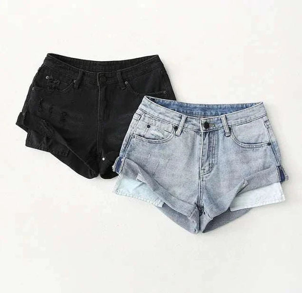 Denim low-rise shorts in black and blue by Beautysky.