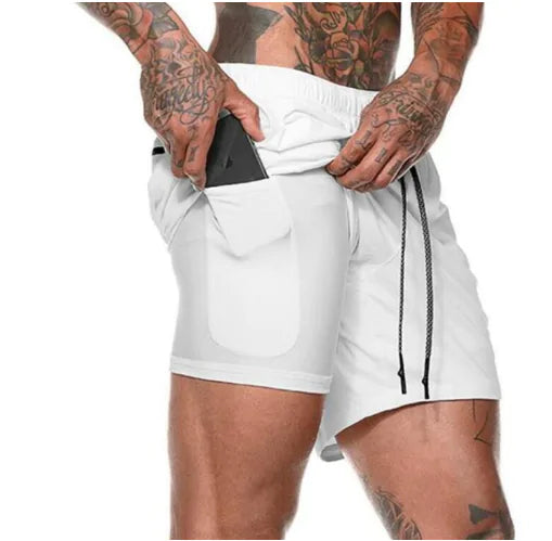Shorts de course fitness blancs avec poche latérale pour téléphone, idéale pour les entraînements intenses