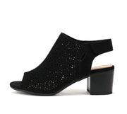 Sandale à talon épais et plateforme pour femme, motif géométrique découpé au laser, bout ouvert, nubuck noir.