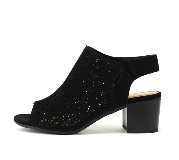 Sandale à talon épais et plateforme pour femme, motif géométrique découpé au laser, bout ouvert, nubuck noir.