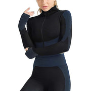 Haut de vêtements de sport patchwork en noir et bleu avec fermeture éclair et manches longues