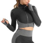 Vêtements de sport patchwork en noir et gris avec fermeture éclair et manches longues pour le fitness