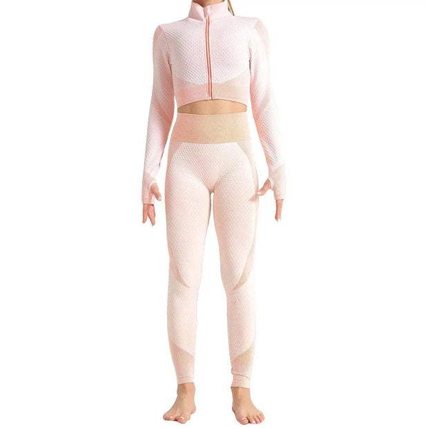 Ensemble de vêtements de sport patchwork en rose avec crop top à ZIP et leggings assortis