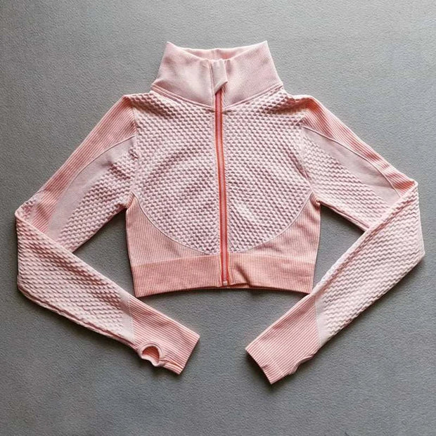Vêtements de sport patchwork rose à manches longues avec fermeture éclair avant pour un look stylé