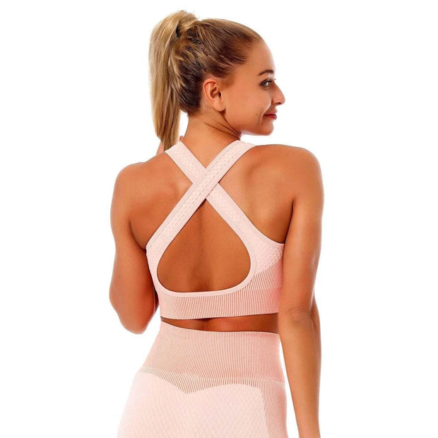 Brassière de sport Beautysky en rose avec dos croisé, idéale pour le fitness et les vêtements de sport patchwork
