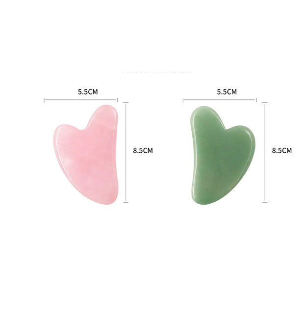 Set de Gua Sha en jade naturel rose et vert de Beautysky, dimensions 5.5 cm x 8.5 cm