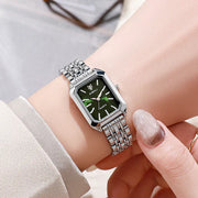 Montre femme carrée en acier avec cadran vert argenté, bracelet en